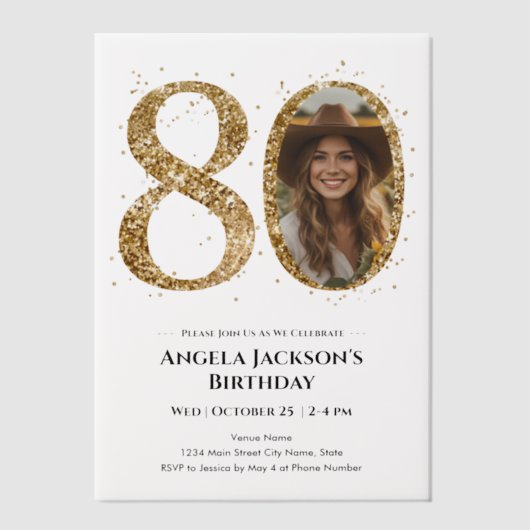 金ゴールドグリッター80th大人誕生日写真 ベラム紙招待状 (正面)