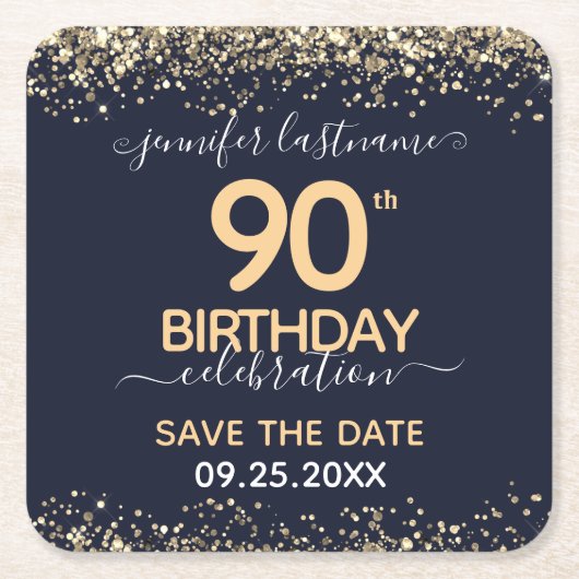 金ゴールドグリッター90誕生日日付の保存 スクエアペーパーコースター (正面)