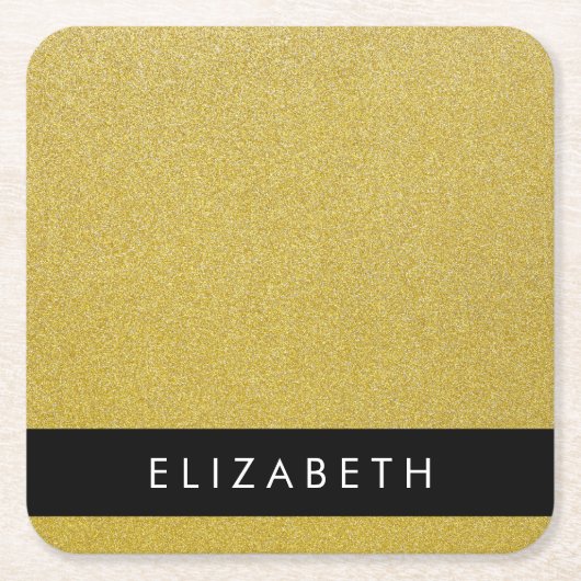 金ゴールドグリッター、グリッターの背景、名前 スクエアペーパーコースター (正面)