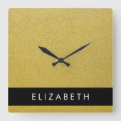 金ゴールドグリッター、グリッターの背景、名前 スクエア壁時計 (正面)