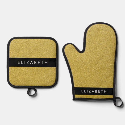 金ゴールドグリッター、グリッターの背景、名前 鍋つかみ&鍋敷きセット (正面)