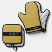 金ゴールドグリッター、グリッターの背景、名前 鍋つかみ&鍋敷きセット (正面/裏面)