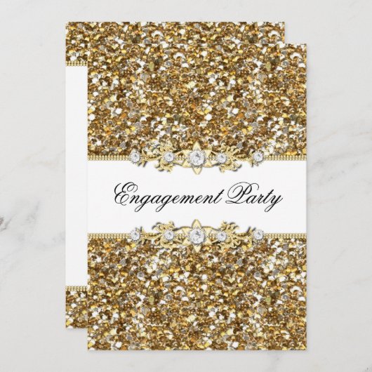 金ゴールドグリッター&ジュエル婚約パーティ招待状 招待状 (正面/裏面)