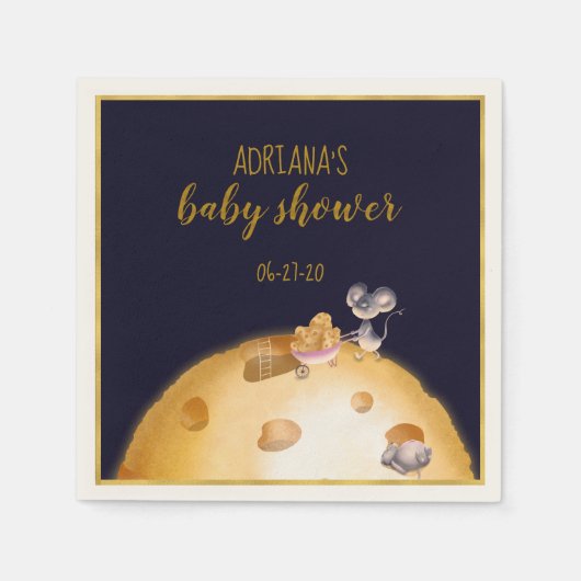 金ゴールドグリッター、チーズで作られた月、赤ちゃんシャワー スタンダードカクテルナプキン (正面)