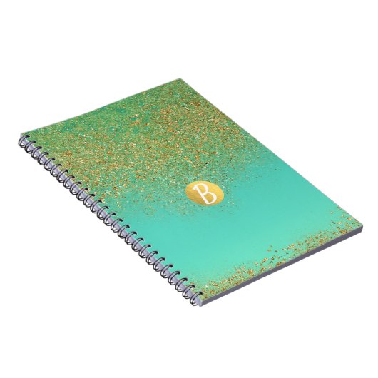 金ゴールドグリッター&ティール(緑がかった色)アクアグラムグラモールモノグラム ノートブック (右側)