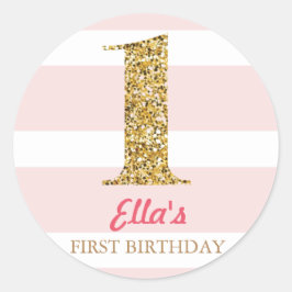 金ゴールドグリッター&ピンクストライプ誕生日First Stickers ラウンドシール