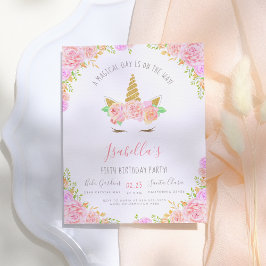 金ゴールドグリッター&ピンクフラワーユニコーン誕生日パーティー インビテーションポストカード