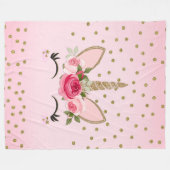 金ゴールドグリッター&ピンクフローラユニコーントレンディー フリースブランケット (正面(横))