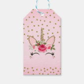 金ゴールドグリッター&ピンクフローラユニコーン誕生日パーティー ギフトタグ (正面)