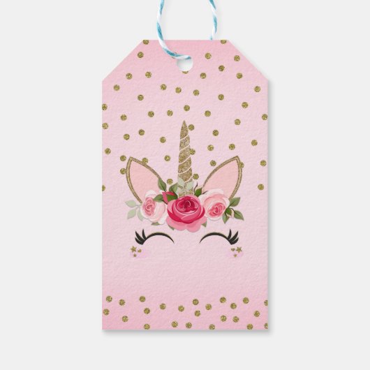 金ゴールドグリッター&ピンクフローラユニコーン誕生日パーティー ギフトタグ (裏面)