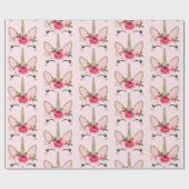 金ゴールドグリッター&ピンクフローラユニコーン誕生日パーティー ラッピングペーパー (フラット)