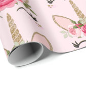 金ゴールドグリッター&ピンクフローラユニコーン誕生日パーティー ラッピングペーパー (ロールコーナー)