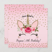 金ゴールドグリッター&ピンクフローラユニコーン誕生日パーティー 招待状 (正面/裏面)