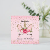 金ゴールドグリッター&ピンクフローラユニコーン誕生日パーティー 招待状 (スタンド正面)