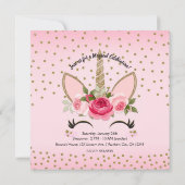金ゴールドグリッター&ピンクフローラユニコーン誕生日パーティー 招待状 (裏面)