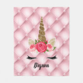 金ゴールドグリッター&ピンクローズユニコーンガールトレンディー フリースブランケット (正面)