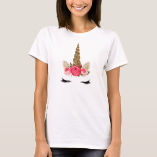 金ゴールドグリッター&ピンクローズユニコーンキュートトレンディー Tシャツ