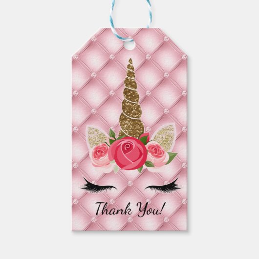 金ゴールドグリッター&ピンクローズユニコーンバースデーパーティー ギフトタグ (正面)