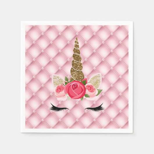 金ゴールドグリッター&ピンクローズユニコーンバースデーパーティー スタンダードカクテルナプキン (正面)