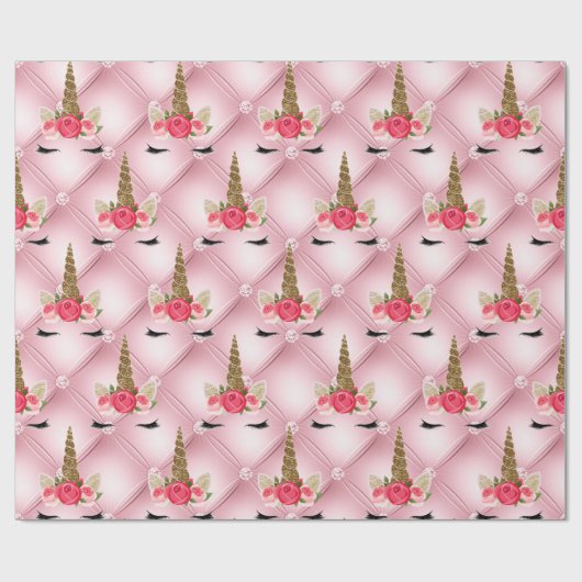 金ゴールドグリッター&ピンクローズユニコーンバースデーパーティー ラッピングペーパー (フラット)