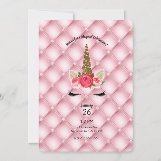 金ゴールドグリッター&ピンクローズユニコーンバースデーパーティー 招待状 (裏面)