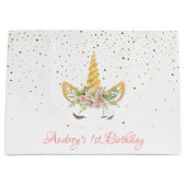 金ゴールドグリッター |フローラユニコーンホーン誕生日ベビー ラージペーパーバッグ (正面)