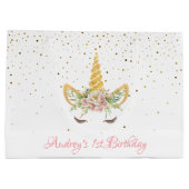 金ゴールドグリッター |フローラユニコーンホーン誕生日ベビー ラージペーパーバッグ (裏面)