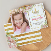 金ゴールドグリッター |フローラUnicorn Horn誕生日写真 招待状