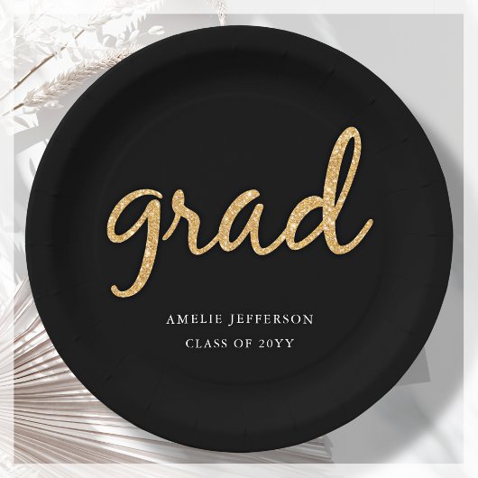 金ゴールドグリッター |ブラックの卒業 ペーパープレート