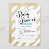 金ゴールドグリッター&ブルーズベストライプビーシャワー招待状 招待状 (正面/裏面)