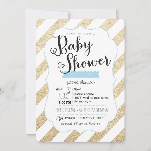 金ゴールドグリッター&ブルーズベストライプビーシャワー招待状 招待状 (正面)