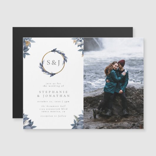 金ゴールドグリッター&ブルーリースモノグラ結婚ムの写真 マグネット招待状 (正面/裏面)