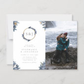 金ゴールドグリッター&ブルーリースモノグラ結婚ムの写真 マグネット招待状 (正面)