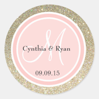 金ゴールドグリッター&ペタルピンク結婚ズモノグラム ラウンドシール