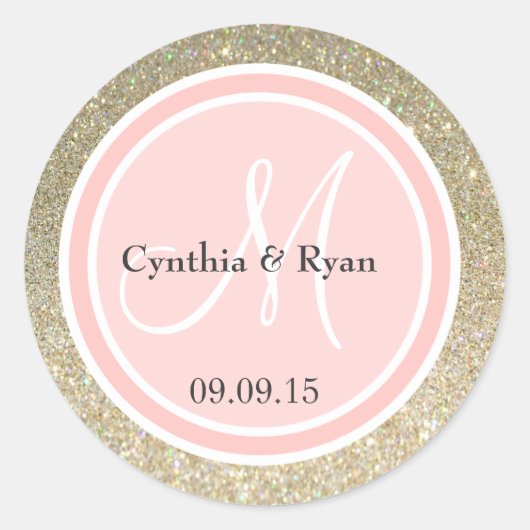 金ゴールドグリッター&ペタルピンク結婚ズモノグラム ラウンドシール (正面)