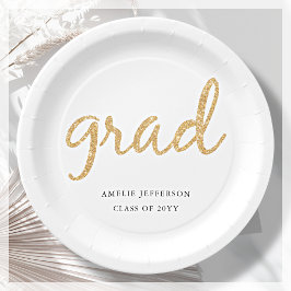 金ゴールドグリッター |ホワイトの卒業 ペーパープレート