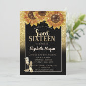 金ゴールドグリッター、ワイン、グラス、ひまわり甘い16パーティー 招待状 (スタンド正面)