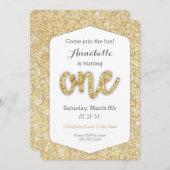 金ゴールドグリッター「ワン」最初の誕生日カード 招待状 (正面/裏面)