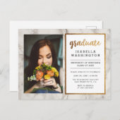 金ゴールドグリッター&大理石フォト卒業パーティー インビテーションポストカード (正面/裏面)