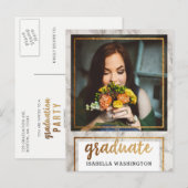 金ゴールドグリッター&大理石フォト卒業パーティー インビテーションポストカード (正面/裏面)