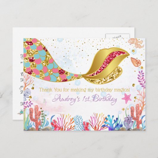 金ゴールドグリッター│海の下の人魚のサンキューカード シーズンポストカード (正面/裏面)