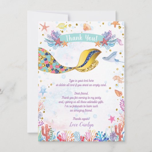 金ゴールドグリッター |海の下の人魚誕生日 サンキューカード (正面)