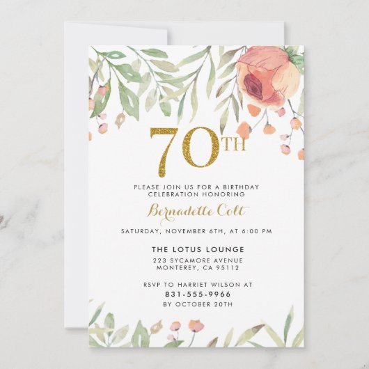 金ゴールドグリッター&色彩の鮮やかバラ70歳誕生日パーティー 招待状 (正面)