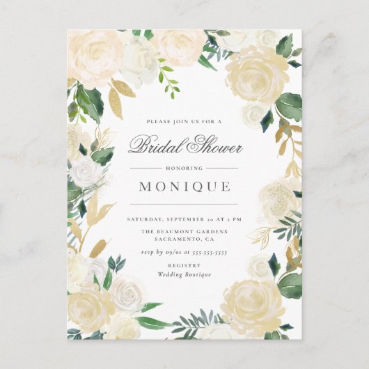 金ゴールドグリッター&赤面アイボリーフローラブライダルシャワー インビテーションポストカード (正面)