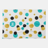 金ゴールドグリッター、黒と青の円のパターン キッチンタオル (横)