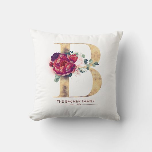 金ゴールドグリッターBモノグラムフローラブルゴーニュレッド クッション (正面)