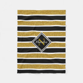 金ゴールドグリッターB&Wストライプと名前&モノグラム フリースブランケット