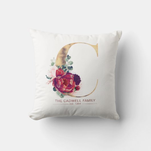 金ゴールドグリッターCモノグラムフローラブルゴーニュレッド クッション (正面)