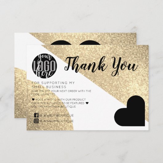 金ゴールドグリッターGeoハートロゴお客様ありがとう サンキューカード (正面/裏面)
