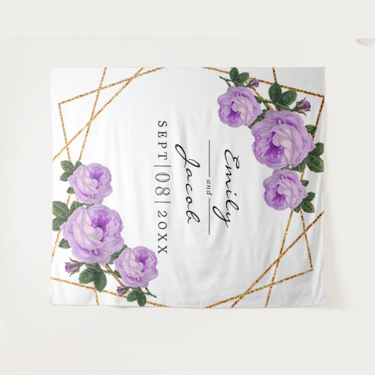 金ゴールドグリッターGeo Purpleフローラ写真の背景の記号 タペストリー (正面(横))